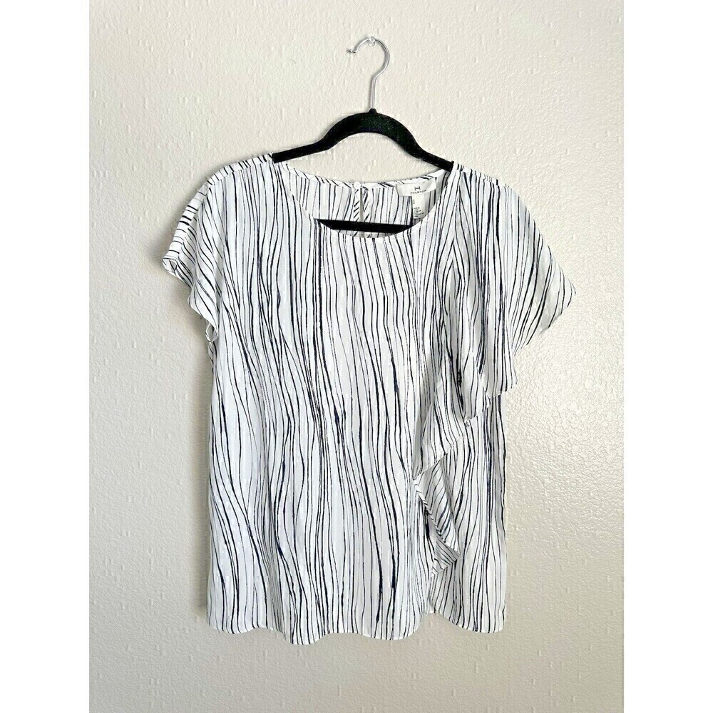H Halston Blouse Womens Size Medium Short Sleeve Front Ruffle Striped Business